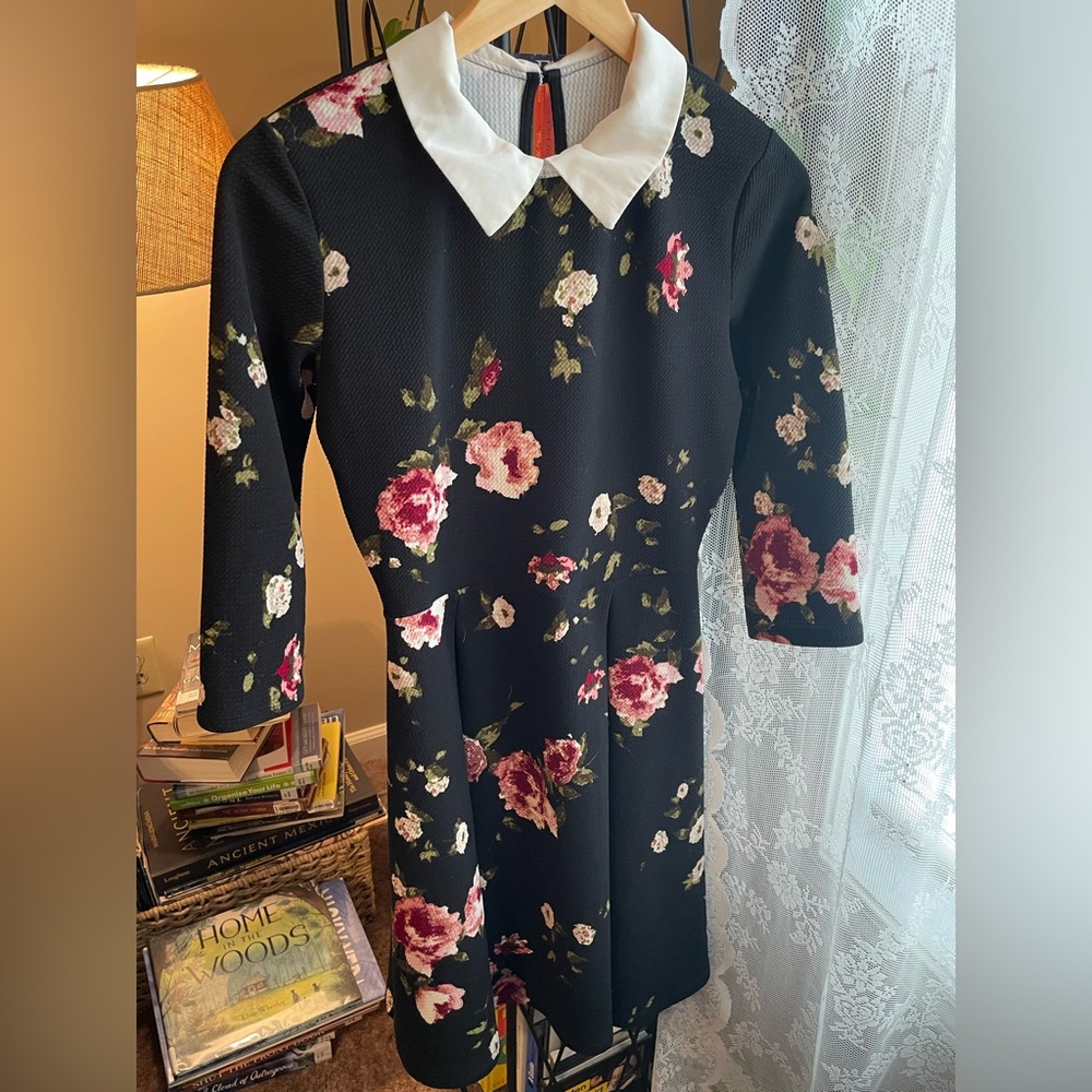 ModCloth Floral Black Dress with White Collar